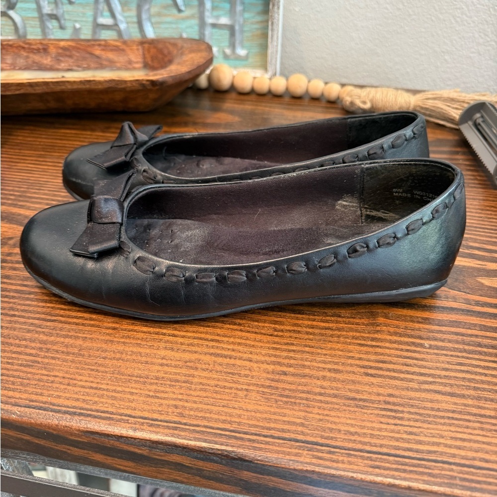 Walking Cradles Black Leather Ballet Flats Bow Comfort Shoes Size 8 Wide